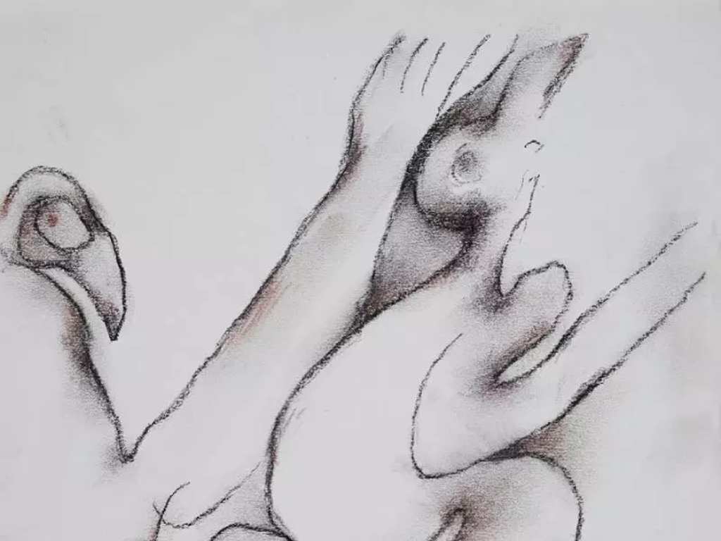 Obra en blanco y negro con motivos de Rapa nui